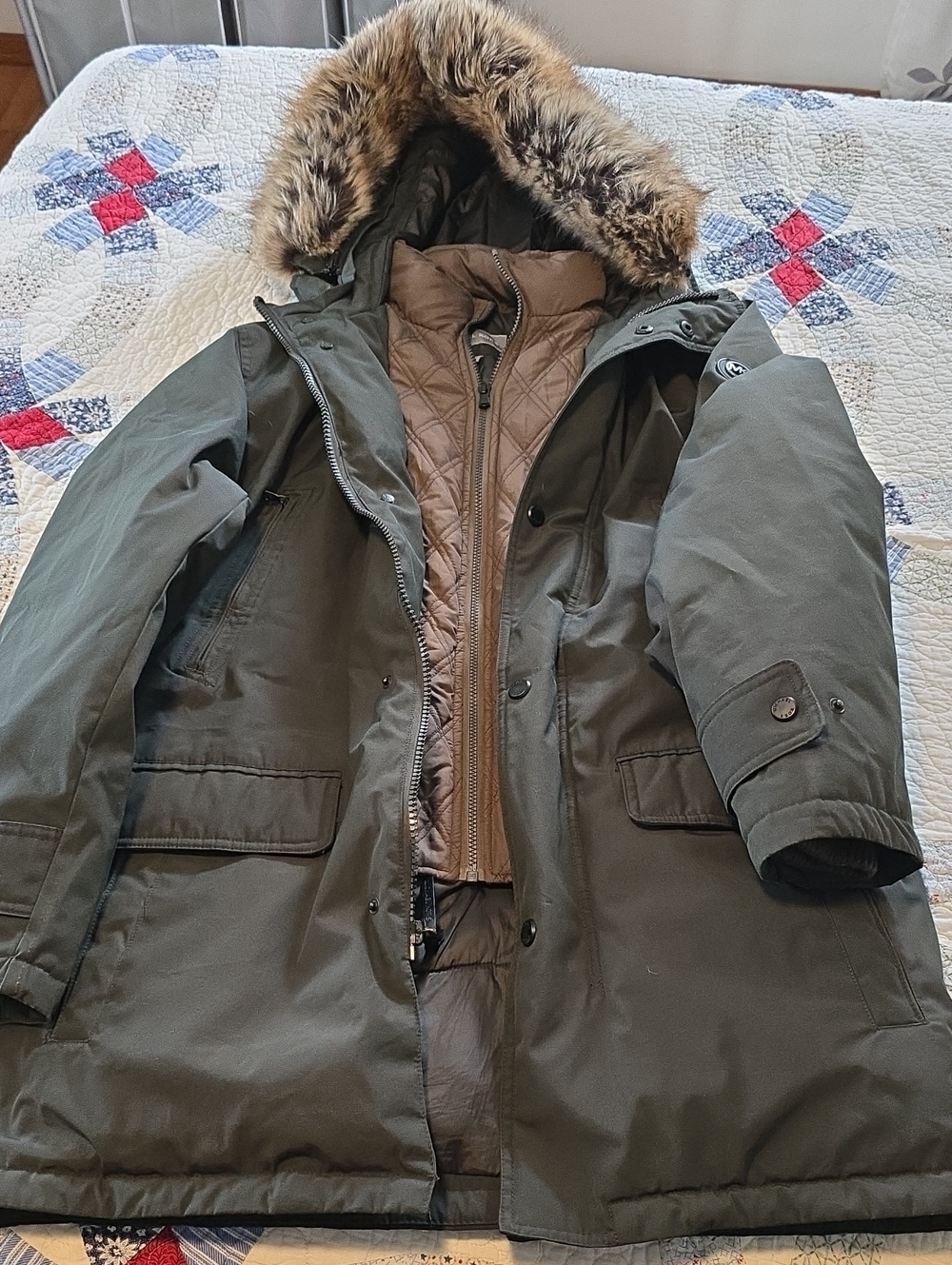 Michael Kors Olive Green Women's Parka with Faux Fur Trim Hood